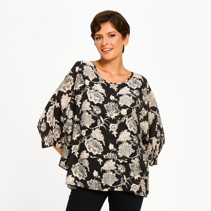 Double Layered Printed Top in Floral - Black