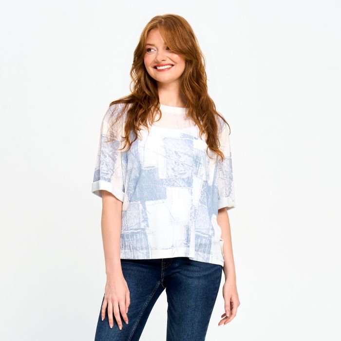Short Sleeve Printed Top in Green, Denim or Khaki