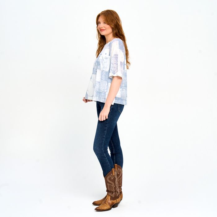 Short Sleeve Printed Top in Green, Denim or Khaki