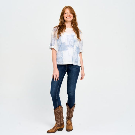 Short Sleeve Printed Top in Green, Denim or Khaki