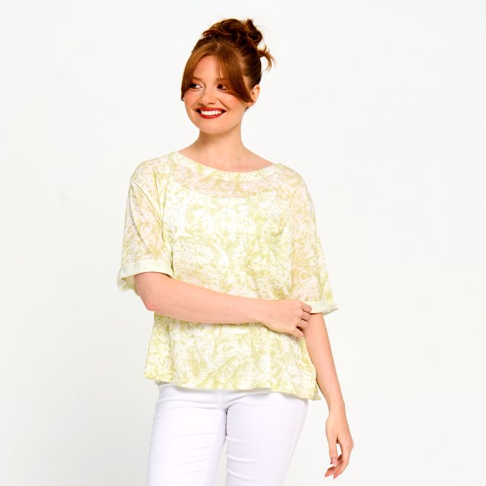 Short Sleeve Printed Top in Green, Denim or Khaki