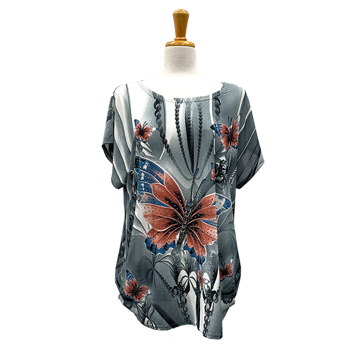 Butterfly Garden Embellished Tee-Grey