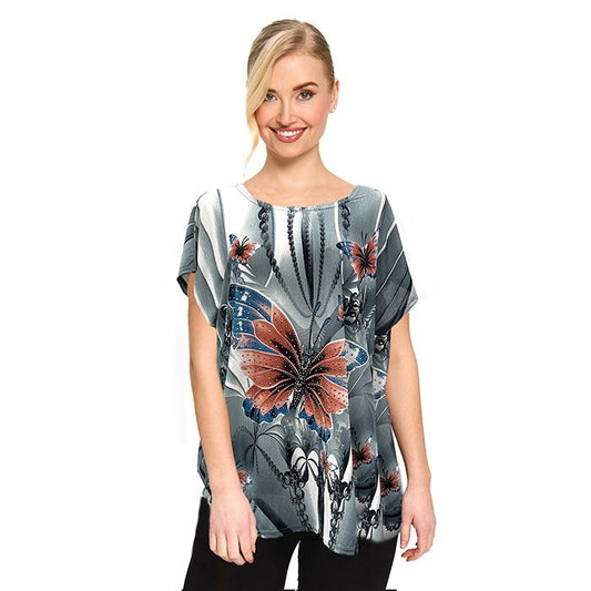 Butterfly Garden Embellished Tee-Grey