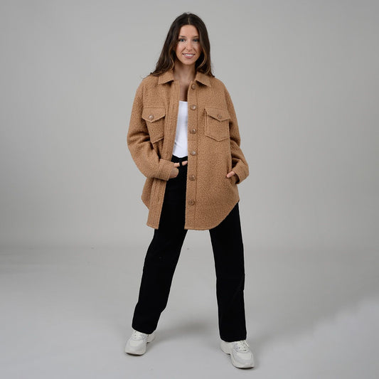 Ladies Boucle Short Style Shacket -Camel