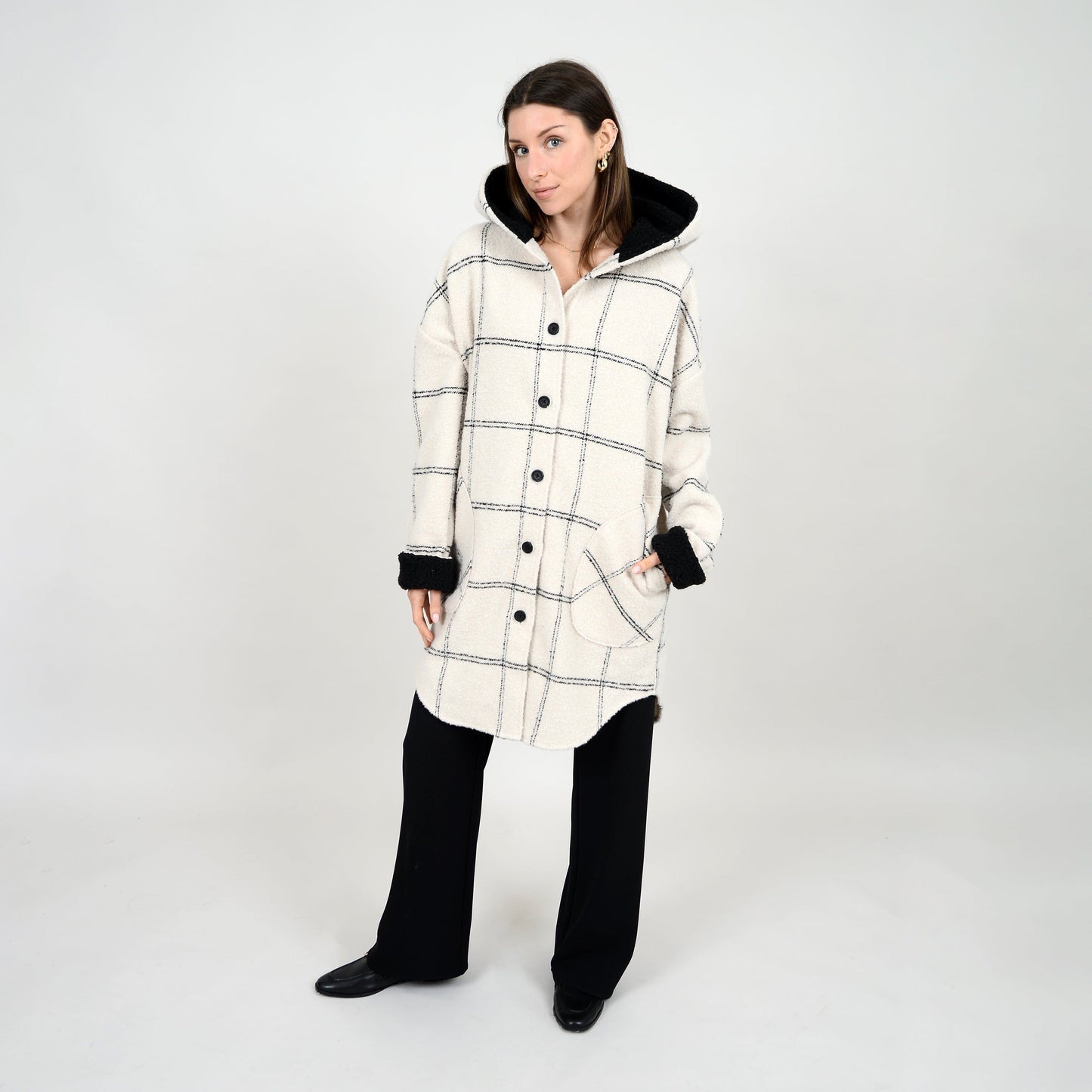 Ladies Brush Plaid Hooded Style Shacket - Cream