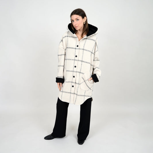 Ladies Brush Plaid Hooded Style Shacket - Cream
