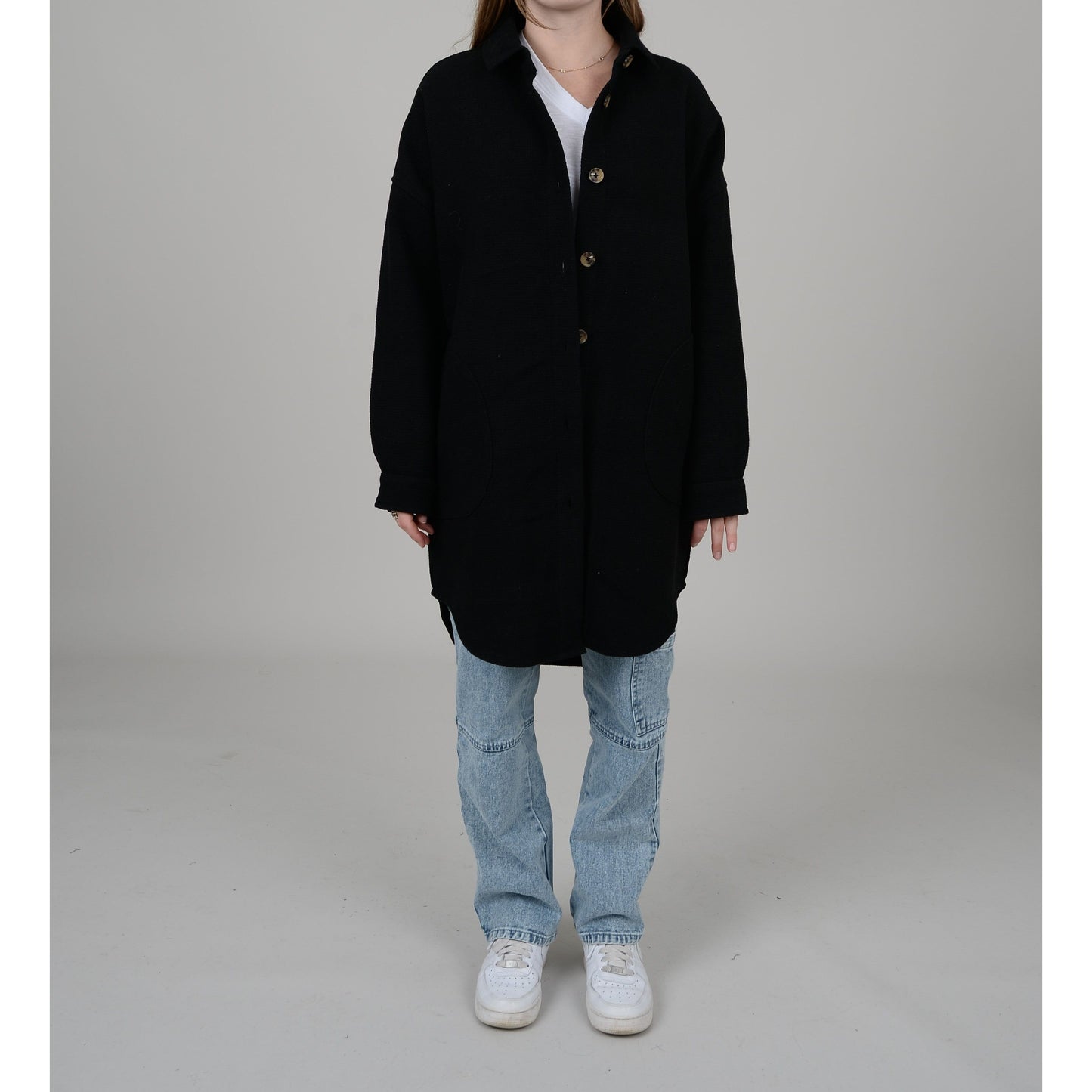 Ladies Melange Melton Shirt Style Shacket - Charcoal