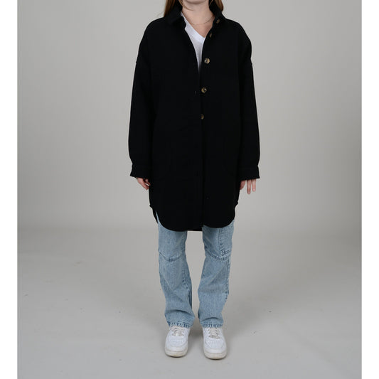 Ladies Melange Melton Shirt Style Shacket - Charcoal
