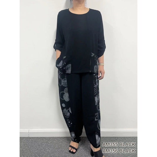 Pant Set - Top Only -Black with Pattern