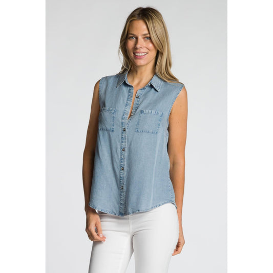 Sleeveless Button Front Jean Shirt