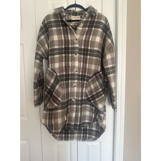 Ladies Brush Plaid Long Shirt Style Shacket - Taupe