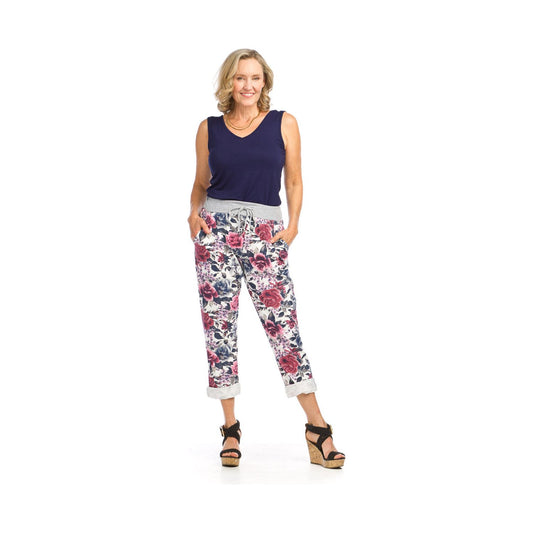 Floral Stretch Cotton Pant -Pink & Navy