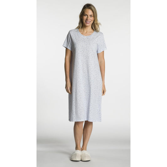 Short Sleeve Printed Scoop Neck Nightgown with Bow Detail - Regular Sizing