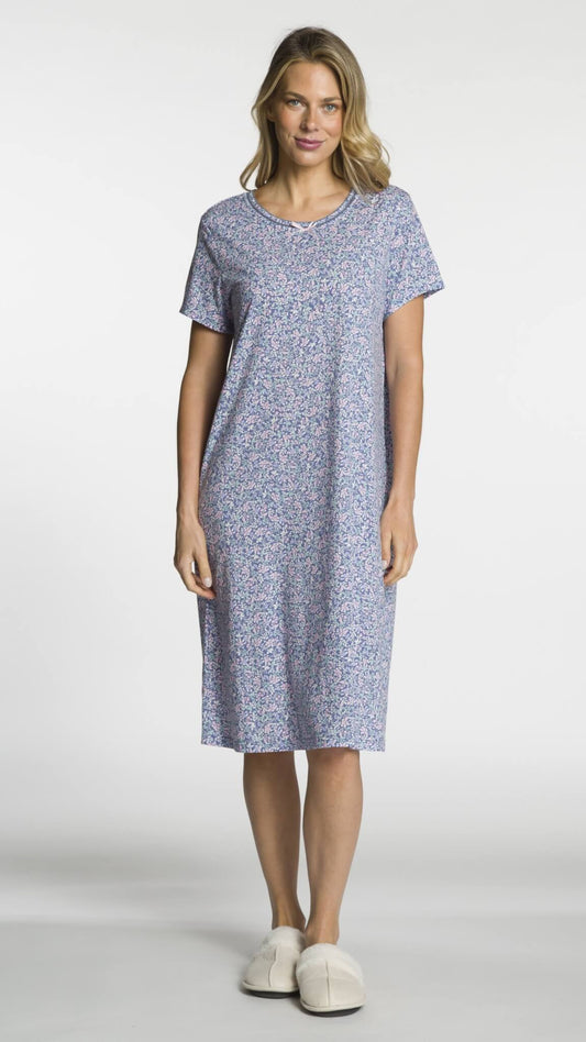 Short Sleeve Printed Scoop Neck Nightgown with Bow Detail - Regular Sizing