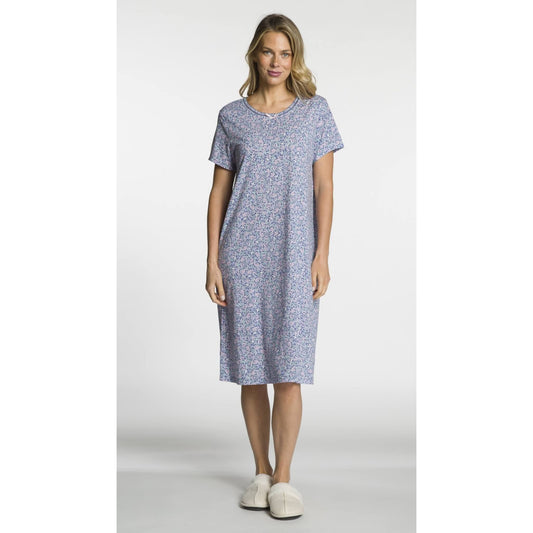Short Sleeve Printed Scoop Neck Nightgown with Bow Detail - Regular Sizing