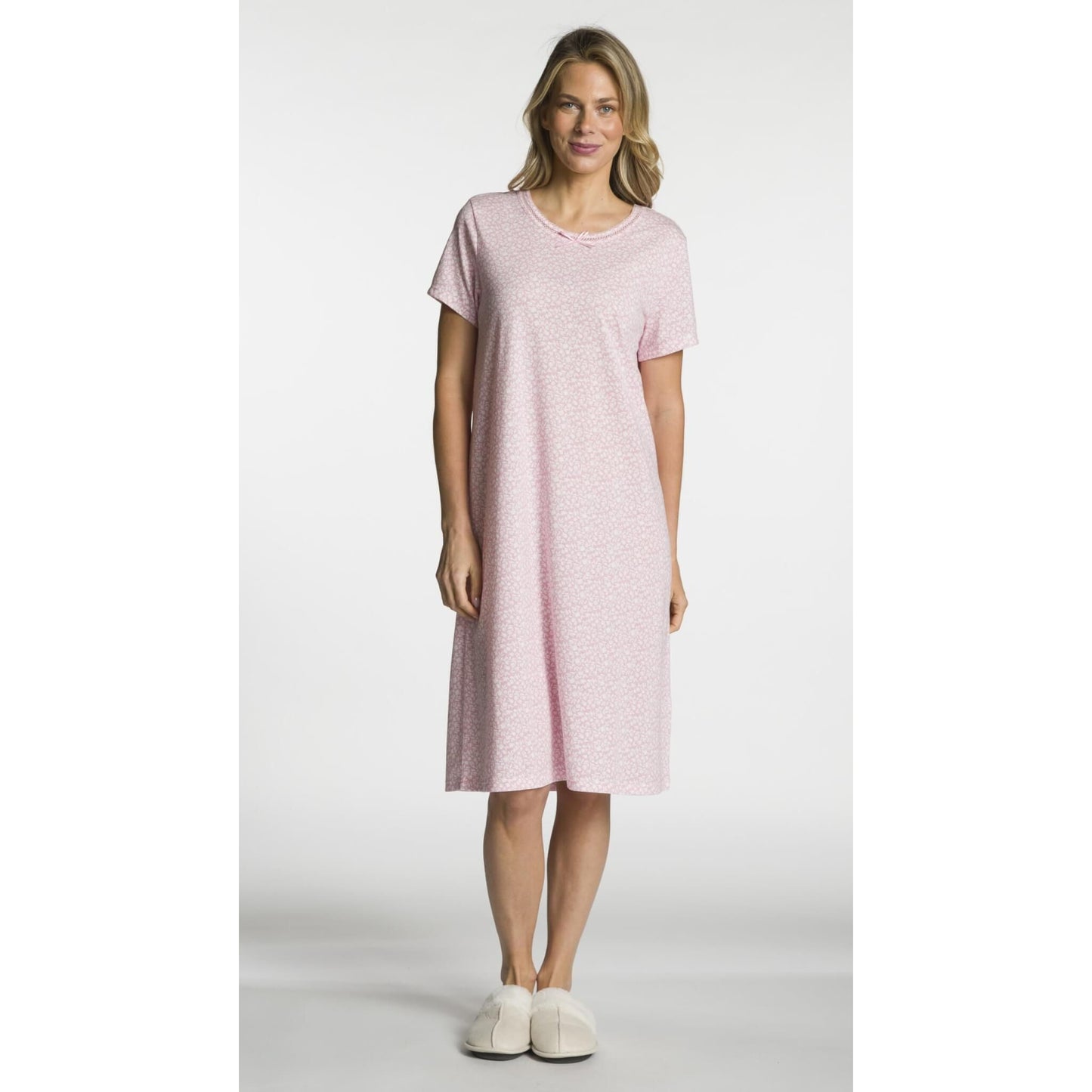 Short Sleeve Printed Scoop Neck Nightgown with Bow Detail - Regular Sizing