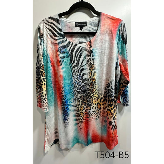 3/4 Sleeve Tee - Animal - Orange & Teal