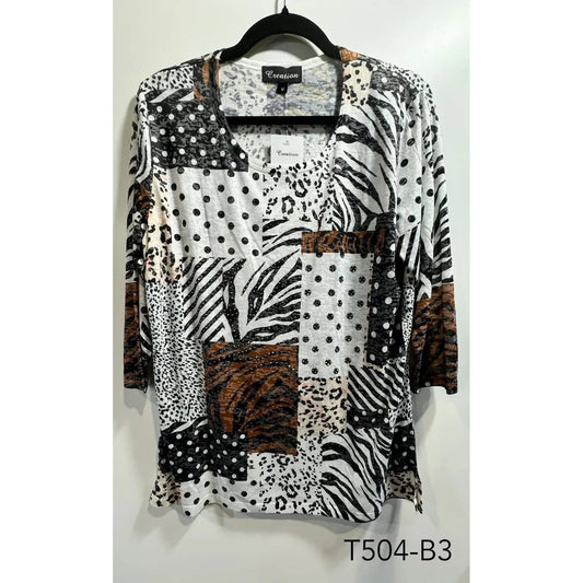 3/4 Sleeve Tee - Animal Print- Brown