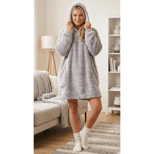 Sherpa Fleece Lounge Dress with Hood and Pockets