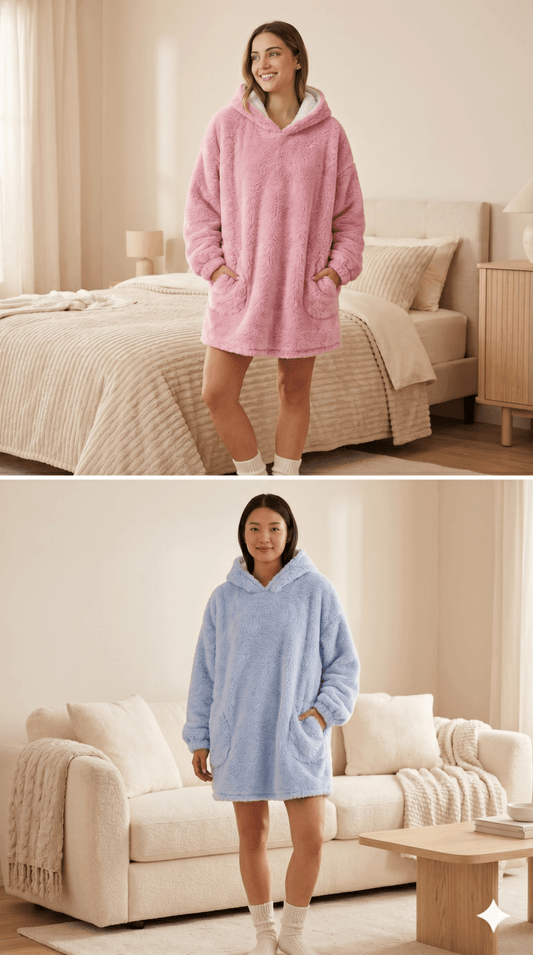 Sherpa Fleece Lounge Dress with Hood and Pockets