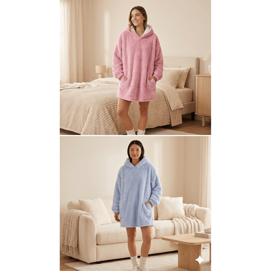 Sherpa Fleece Lounge Dress with Hood and Pockets