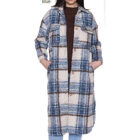 Maxi Length Boucle Plaid Shacket - Blue