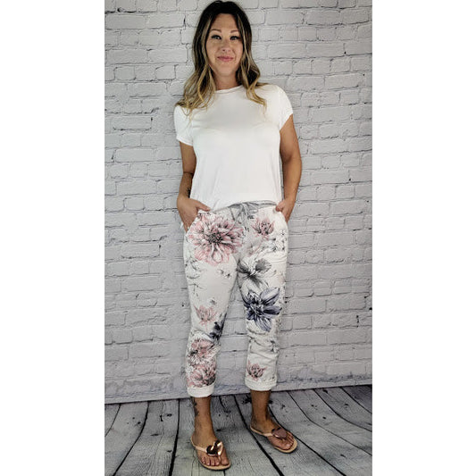 Floral Stretch Cotton Pant - White