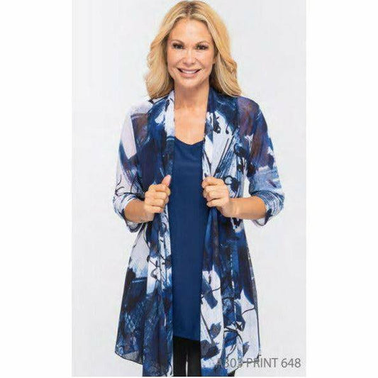 Sheer Cardigan - Blue & White Print 648
