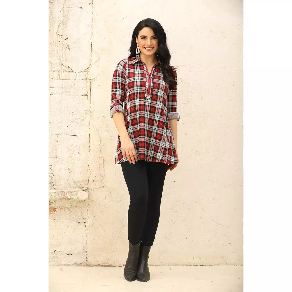 1/2 Zip Plaid Tunic