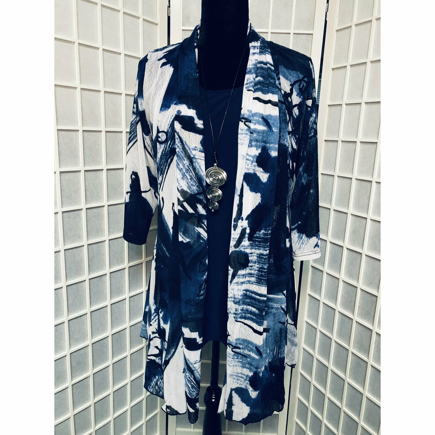Sheer Cardigan - Blue & White Print 648