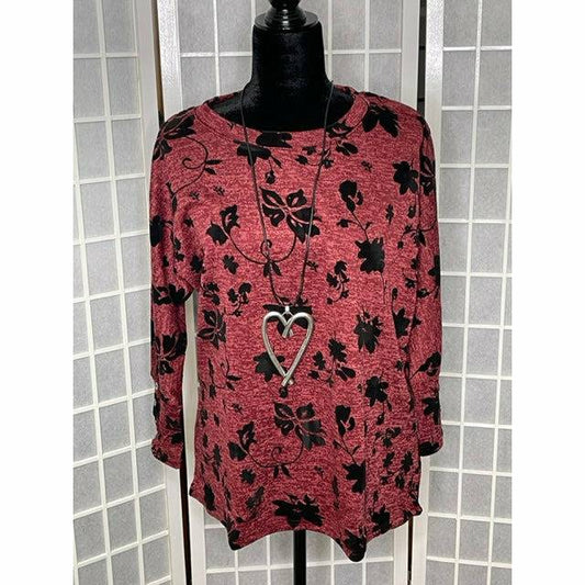 Faux Velvet Top -Button Detail on Sleeve