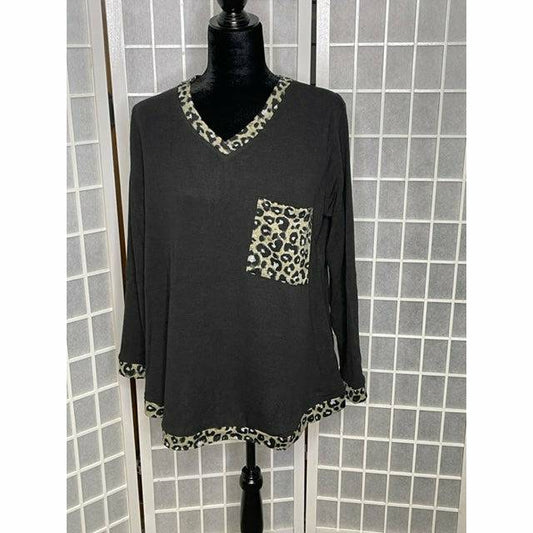 V Neck Sweater with Animal Print Trim