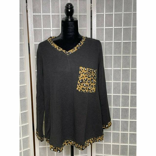V Neck Sweater with Animal Print Trim