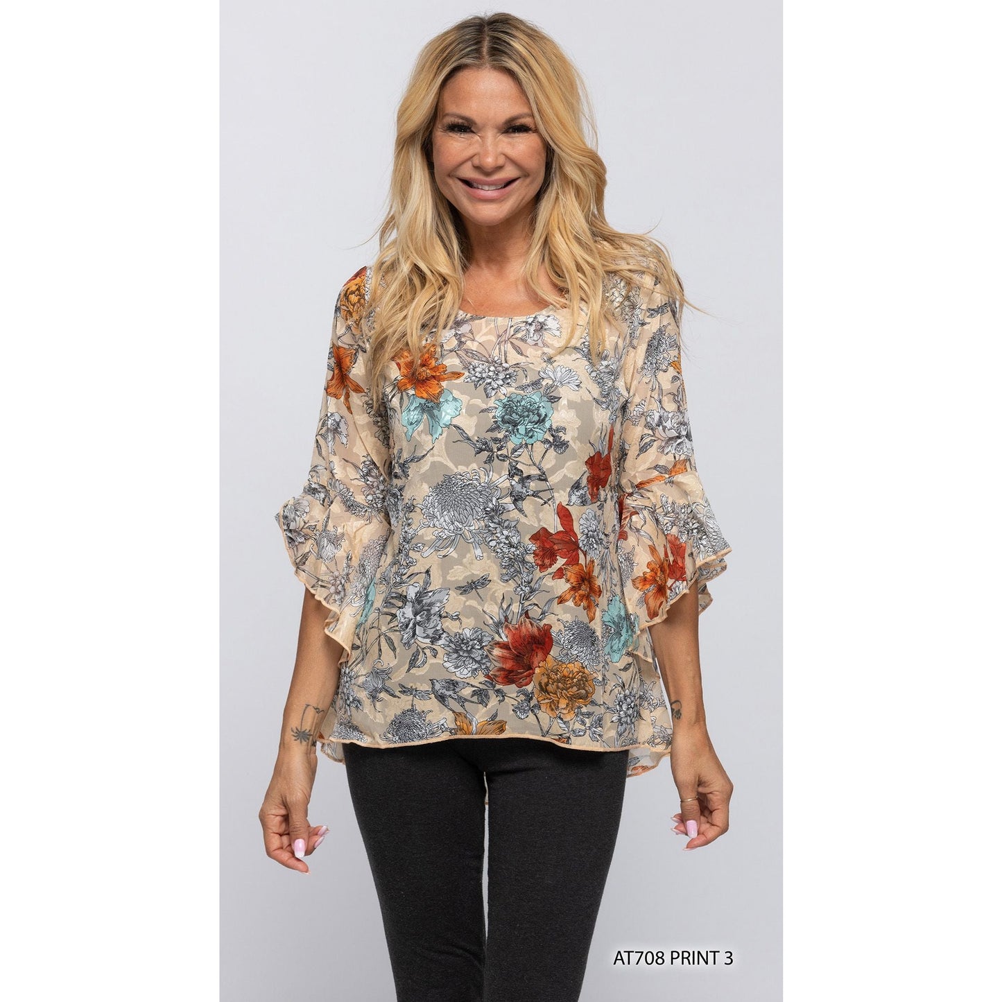 Floral Top with Bell Sleeve