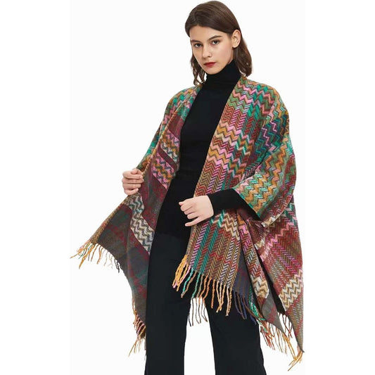 One Size Open Front Poncho - Wave Pattern