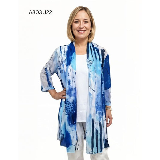 Sheer Cardigan - Blue & White Print J22
