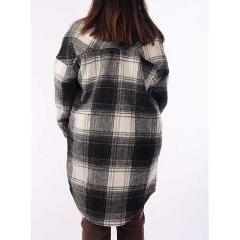 Ladies Brush Plaid Long Shirt Style Shacket - Black