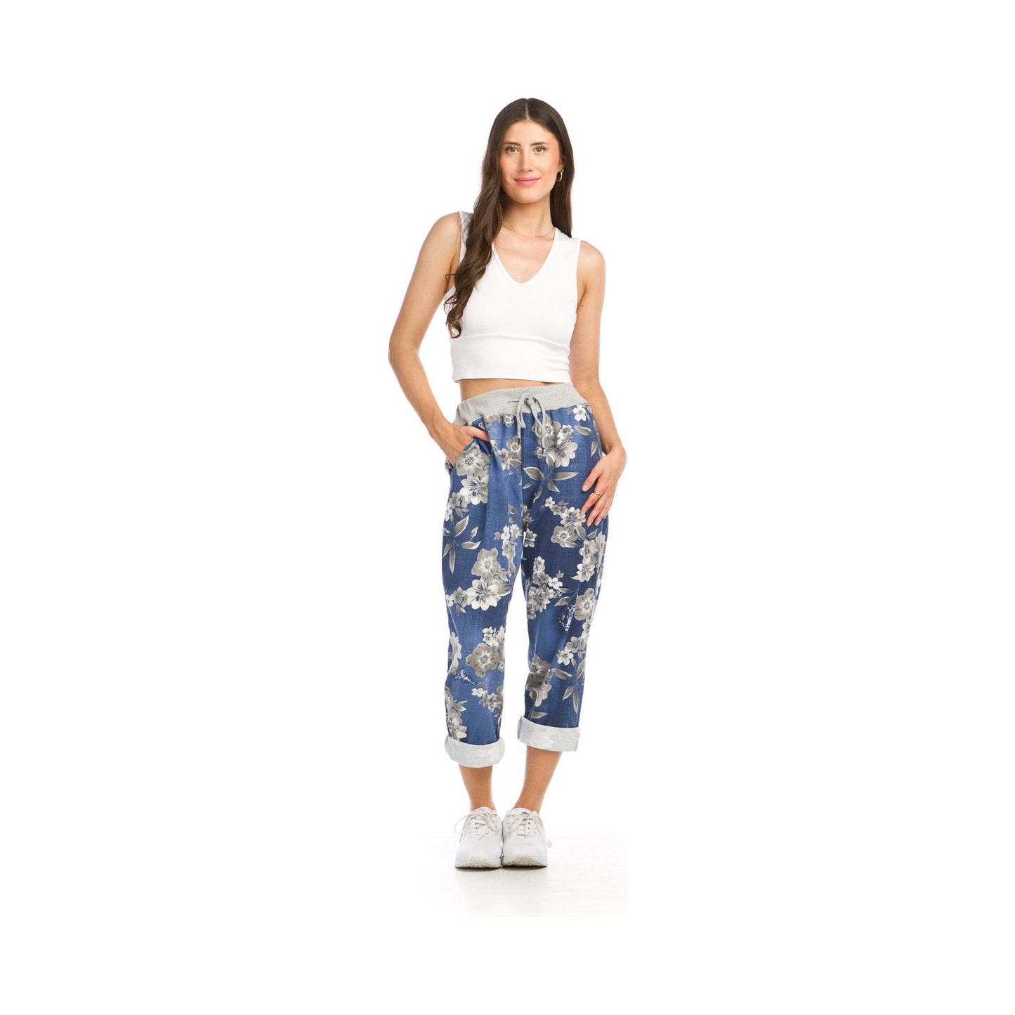 Floral Stretch Cotton Pant - Blue with White Flowers