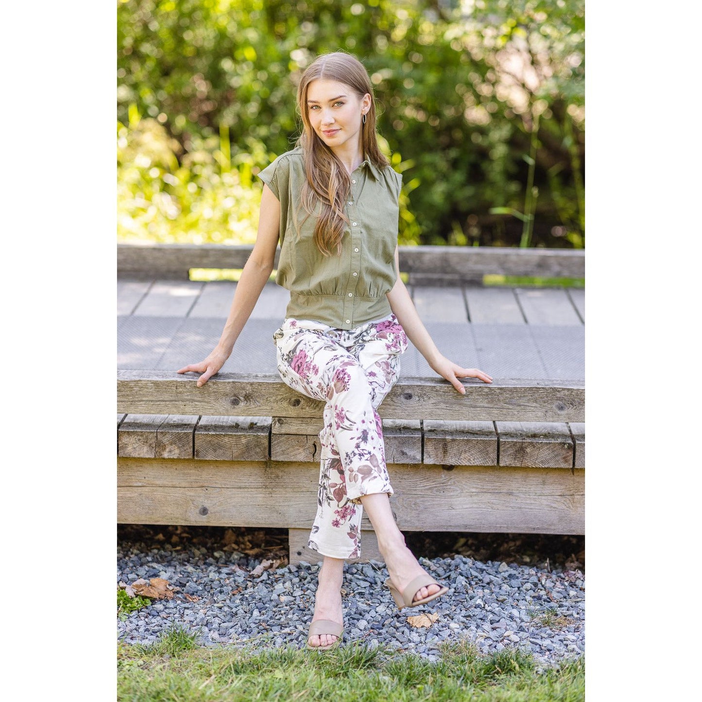Floral Stretch Cotton Pant - White/Pink Flowers