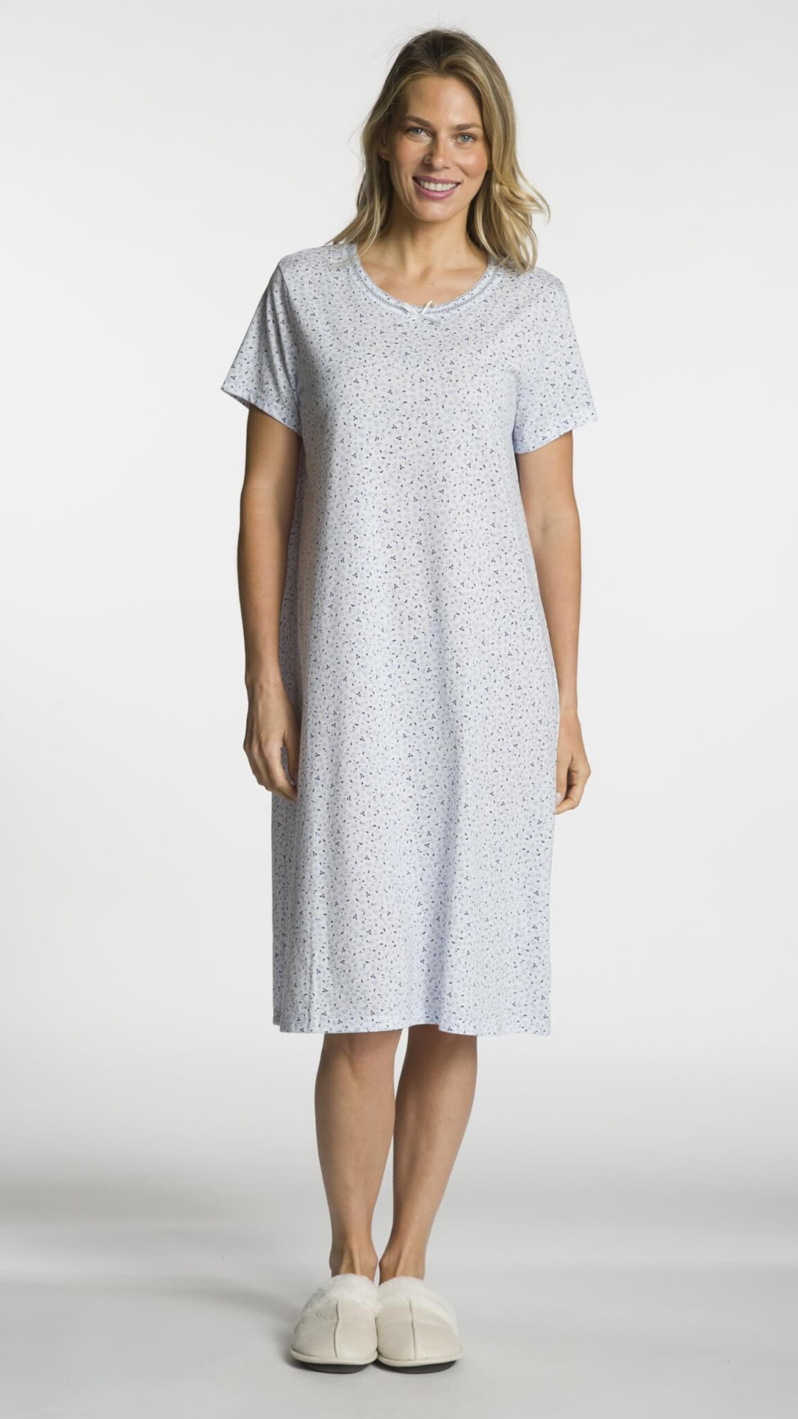 Short Sleeve Printed Scoop Neck Nightgown with Bow Detail - Regular Sizing