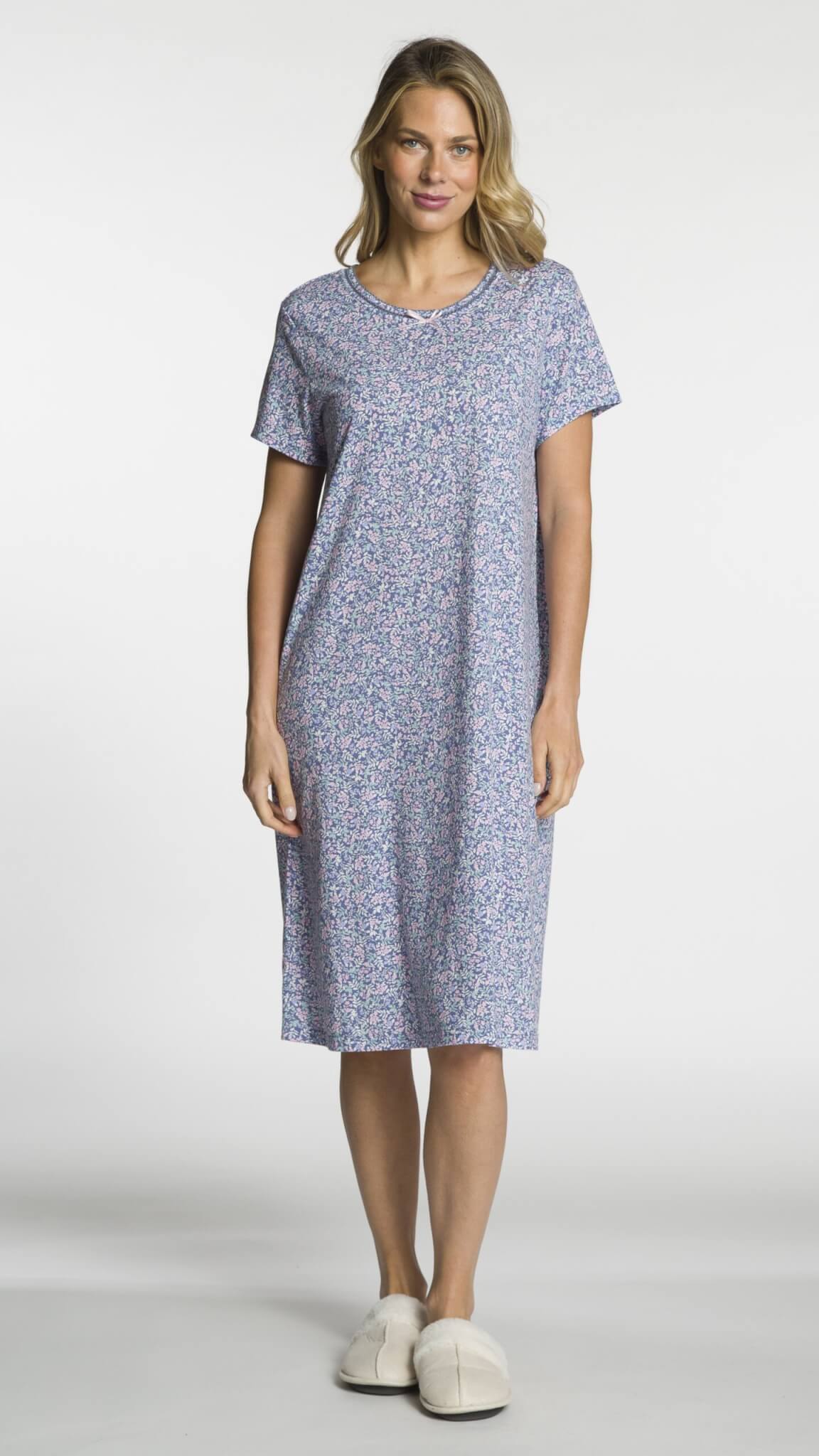 Short Sleeve Printed Scoop Neck Nightgown with Bow Detail - Regular Sizing