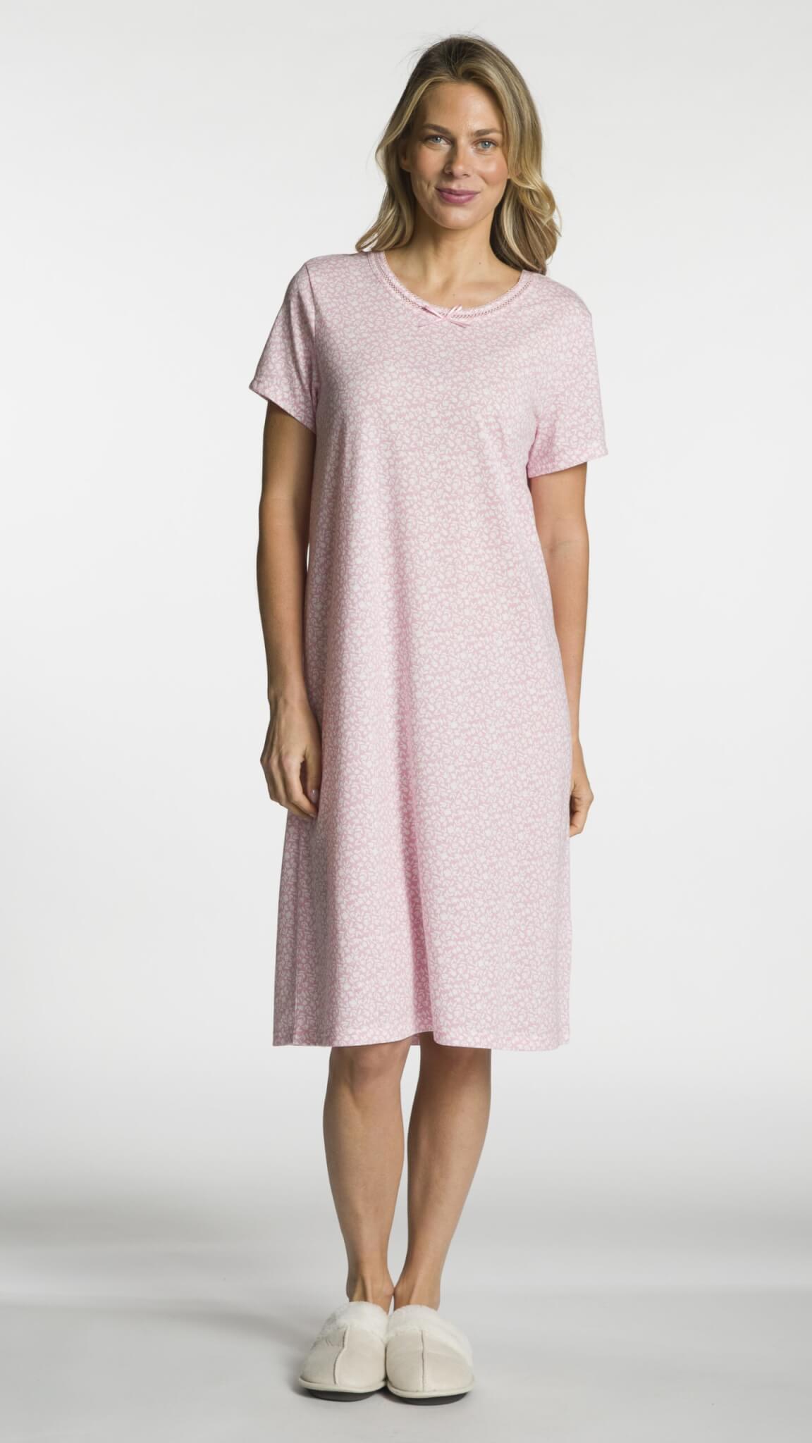 Short Sleeve Printed Scoop Neck Nightgown with Bow Detail - Regular Sizing