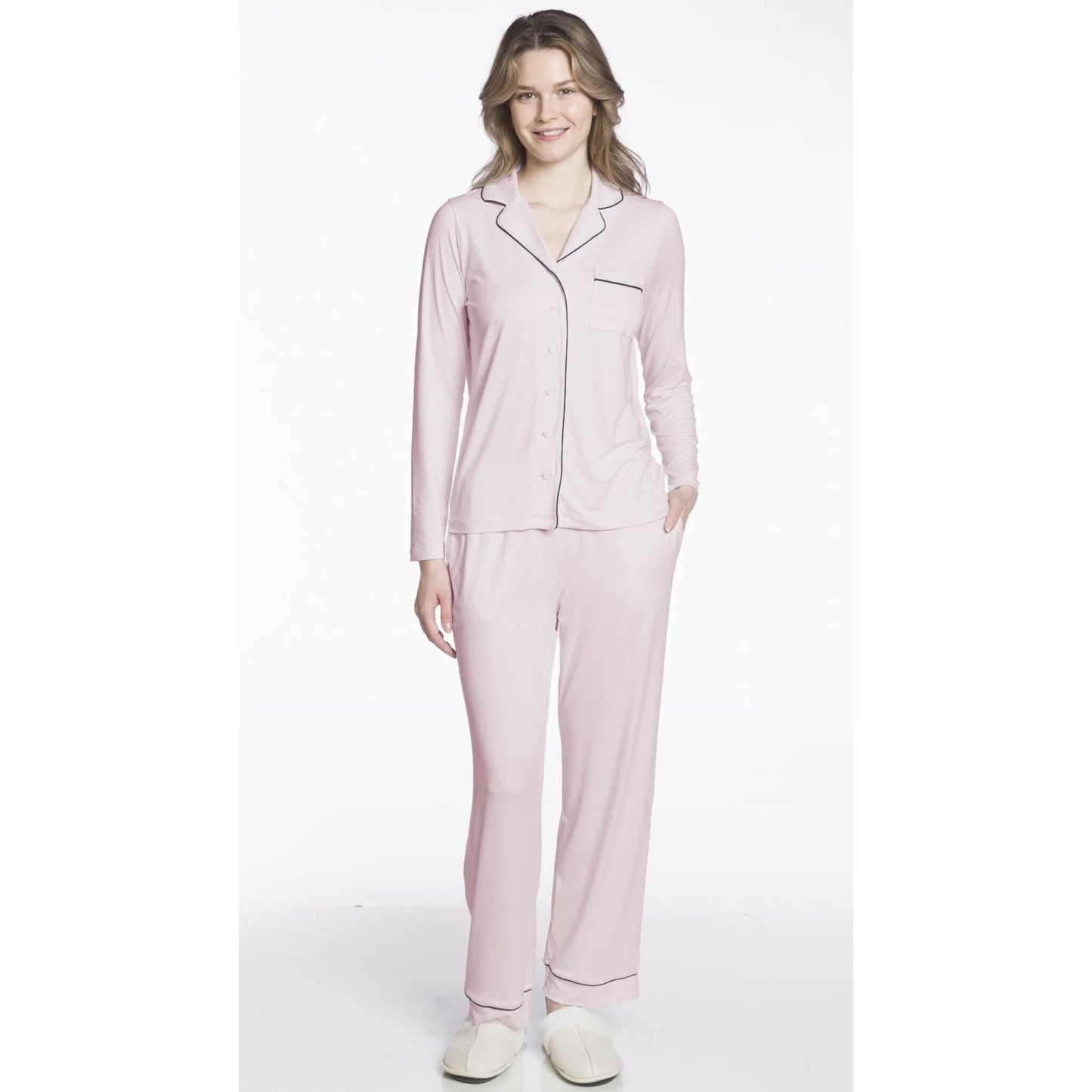 Ladies Two Piece PJ Set with Contrast Piping Detail