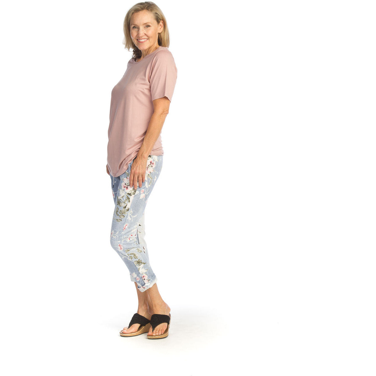 Floral Stretch Cotton Pant - Faded Blue- Jean look