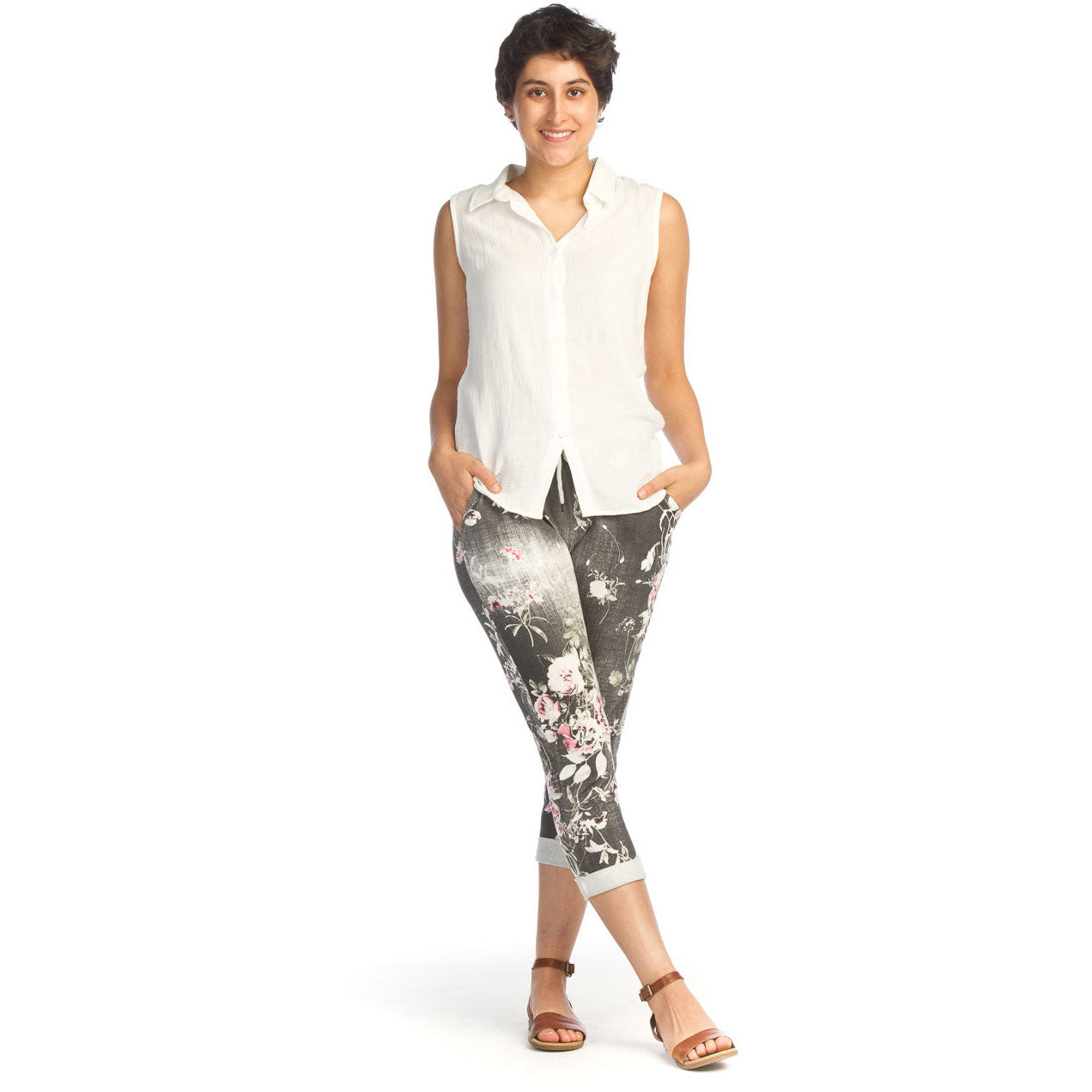Floral Stretch Cotton Pant - Faded Black- Jean look
